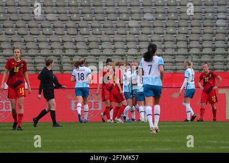 Brüssel, Belgien. 08. Apr 2021. Norwegische Spieler feiern ihr 2. Tor, das während eines Womens International Freundschaftsspiels zwischen Belgien, den Roten Flammen und Norwegen im Koning Boudewijnstadion in Brüssel, Belgien, abgebildet ist. Foto Sportpix.be/SPP Kredit: SPP Sport Press Foto. /Alamy Live-Nachrichten Kredit: SPP Sport Press Foto. /Alamy Live News Stockfoto