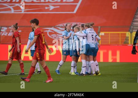 Brüssel, Belgien. 08. Apr 2021. Norwegische Spieler feiern ihr 2. Tor, das während eines Womens International Freundschaftsspiels zwischen Belgien, den Roten Flammen und Norwegen im Koning Boudewijnstadion in Brüssel, Belgien, abgebildet ist. Foto Sportpix.be/SPP Kredit: SPP Sport Press Foto. /Alamy Live-Nachrichten Kredit: SPP Sport Press Foto. /Alamy Live News Stockfoto