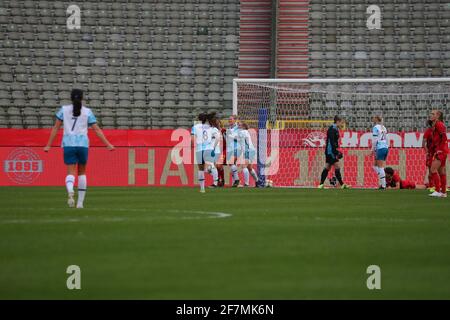 Brüssel, Belgien. 08. Apr 2021. Norwegische Spieler feiern ihr 2. Tor, das während eines Womens International Freundschaftsspiels zwischen Belgien, den Roten Flammen und Norwegen im Koning Boudewijnstadion in Brüssel, Belgien, abgebildet ist. Foto Sportpix.be/SPP Kredit: SPP Sport Press Foto. /Alamy Live-Nachrichten Kredit: SPP Sport Press Foto. /Alamy Live News Stockfoto