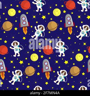Muster mit einem Katzenastronaut, Planeten und Sternen. Abbildung des Kinderraums. Stock Vektor
