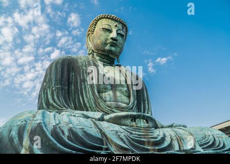 Der große Buddha, Daibutsu, Kotoku-in Buddhistischer Tempel. Große bronzene Amida Buddhismus Statue mit blauem Himmel gefunden in Kamakura, Kanagawa, Japan. Stockfoto