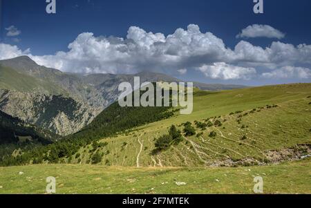 Pyrenees Orientales Blick im Sommer. Fontalba-Pass von der Fontalba-Quelle aus gesehen (Ripollès, Katalonien, Spanien, Pyrenäen) Stockfoto