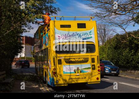 Schneiden Sie überhängende Bäume von oben auf dem offenen Doppeldecker Yellow Buses Yellow Bus for Buses to Pass under at Bournemouth, Dorset UK in April Stockfoto