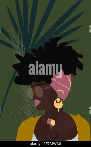 Poster mit lockiger schwarzer Frau im Turban Stock Vektor