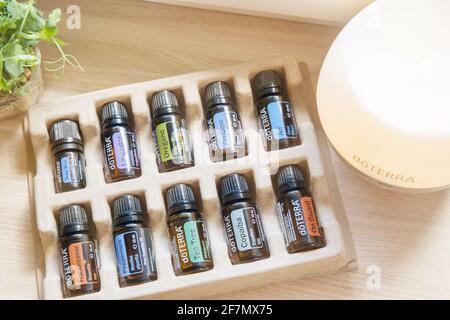 Riga, Lettland - 8. April 2021: Doterra Home Essentials Kit ätherische Öle. Natürliche, hochwertige ätherische Öle. Stockfoto