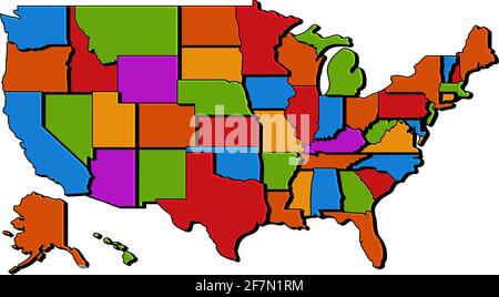 USA Karte mit Staaten. Vektor Blank Karte der USA, Vereinigte Staaten von Amerika, in den Farben des Regenbogenspektrums Stock Vektor