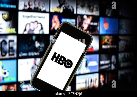 Spanien. April 2021. In dieser Abbildung wird die HBO-App auf einem Smartphone-Bildschirm angezeigt. Bild: Thiago Prudencio/SOPA Images/ZUMA Wire/Alamy Live News Stockfoto