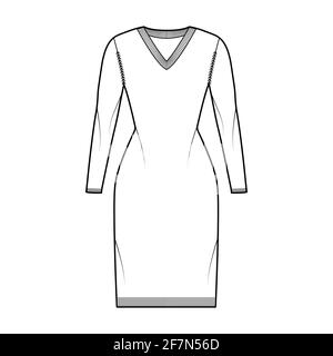 Kleid mit V-Ausschnitt Pullover technische Mode-Illustration mit langen Ärmeln, Slim Fit, knielang, Rippenstrick. Flatpullover-Bekleidung vorne, in weißer Farbgebung. Frauen, Männer Unisex-CAD-Modell Stock Vektor