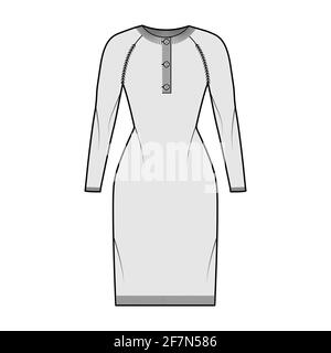 Kleid Pullover henley Hals technische Mode Illustration mit langen Raglanärmel, Slim Fit, knielang, Strickbesatz. Flatpullover Bekleidung Bekleidung vorne, grau in Form. Frauen, Männer, Unisex-CAD-Modell Stock Vektor