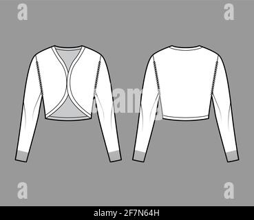 Bolero-Strickjacke mit Schulterzucken und technischer Fashion-Illustration mit V-Ausschnitt, langen Ärmeln, schlanker Passform, Crop-Länge, Rippstrick-Besatz. Flache Sweatshirt-Bekleidung vorne, hinten, in weißer Farbgebung. Frauen, Männer Unisex-CAD-Modell Stock Vektor