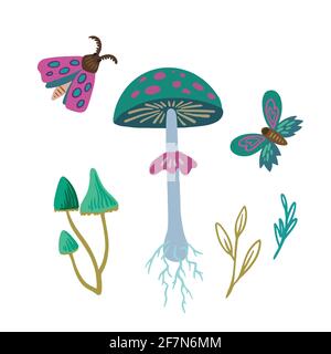 Niedliche Illustration mit grünen Giftpilzen und Motten. Stock Vektor