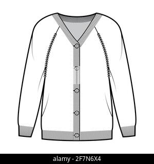 Pullover Strickjacke technische Mode-Illustration mit V-Ausschnitt, langen Raglan-Ärmeln, übergroß, Fingertipp-Länge, Rippenstrick-Besatz. Flatwear Front, weiß in Farbe. Frauen, Männer Unisex-CAD-Modell Stock Vektor