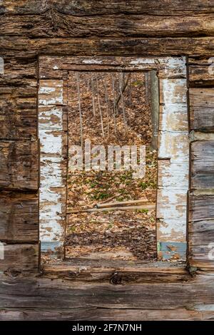 Gehauene Blockhütte Kraitz, gebaut von Gehöften im Jahr 1856 in dem, was jetzt Sleeping Bear Dunes National Lakeshore entlang des Lake Michigan, Michigan, USA, ist Stockfoto