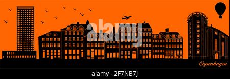 Vector City Skyline Silhouette - Illustration, Stadt auf orangefarbenem Hintergrund, Kopenhagen Dänemark Stock Vektor
