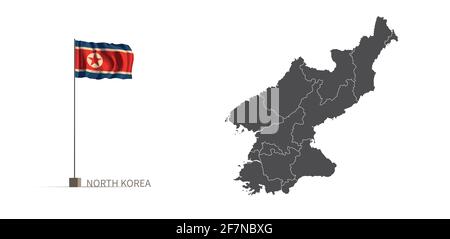 Nordkorea-Karte. Graue Landkarte und Flagge 3d Illustration Vektor. Stock Vektor