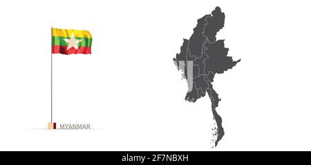 Myanmar Karte. Graue Landkarte und Flagge 3d Illustration Vektor. Stock Vektor