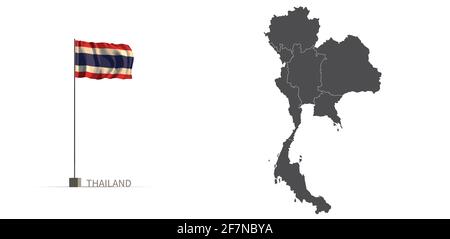 Thailand Karte. Graue Landkarte und Flagge 3d Illustration Vektor. Stock Vektor