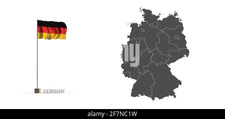 Deutschland-Karte. Graue Landkarte und Flagge 3d Illustration Vektor. Stock Vektor