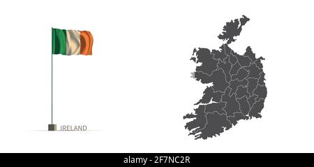 Irland Karte. Graue Landkarte und Flagge 3d Illustration Vektor. Stock Vektor