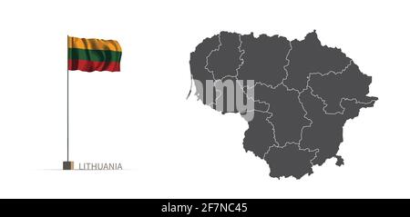 Litauen-Karte. Graue Landkarte und Flagge 3d-Illustration Vektor. Stock Vektor