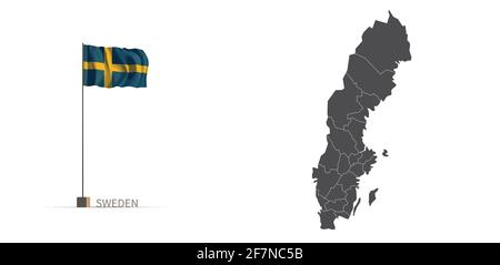 Schweden Karte. Graue Landkarte und Flagge 3d Illustration Vektor. Stock Vektor