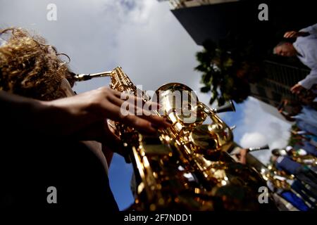 salvador, bahia/brasilien - 28. Mai 2019: Musiker der Bahia Philharmonics sind während der Aufführung zu sehen. *** Ortsüberschrift *** . Stockfoto