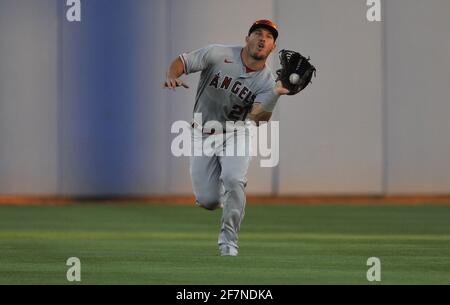 Dunedin, Usa. April 2021. Los Angeles Angels' Mike Trout macht einen Lauffang auf einem Fliegenball-Hit von Toronto Blue Jays' Lourdes Gurrierl Jr. während des ersten Innings im TD Ballpark in Dunedin, Florida am Donnerstag, 8. April 2021. Foto von Steven J. Nesius/UPI Credit: UPI/Alamy Live News Stockfoto