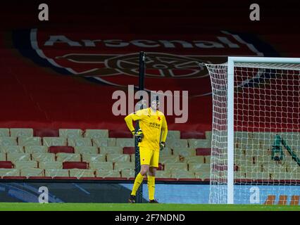 London, Großbritannien. April 2021. Slavia Praha Torhüter Ondrej Kolar sieht am 8. April 2021 beim UEFA Europa League-Viertelfinale im Emirates Stadium in London, Großbritannien, niedergeschlagen aus. Quelle: Xinhua/Alamy Live News Stockfoto