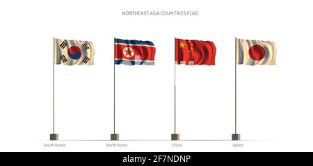 Flagge der Länder nordostasien. 3D-Illustrationsvektor für asiatische Länder. Stock Vektor