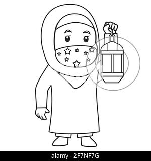 Muslimische Mädchen verwenden blaues Hemd und Hijab. Setzen ramadan Laterne im ramadan Monat, mit Maske und gesunde Protokoll.Vektor-Charakter Illustration. Stock Vektor