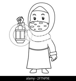 Muslimische Mädchen verwenden orangefarbenes Hemd und Hijab. Setzen sie ramadan Laterne im ramadan Monat, mit Maske und gesunden Protokoll.Vektor-Charakter Illustration. Stock Vektor