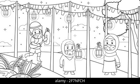 Während der Corona-Virus-Pandemie helfen muslime einem anderen muslim aufzuwachen Bis zu suhoor.Muslim ramadan Monat Aktivität täglich.mit Masker und Gesundheit Proto Stock Vektor