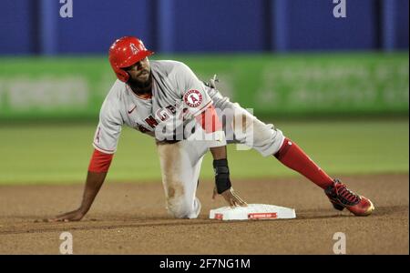 Dunedin, Usa. April 2021. Dexter Fowler von Los Angeles Angels stiehlt am Donnerstag, den 8. April 2021, im TD Ballpark in Dunedin, Florida, beim siebten Inning gegen die Toronto Blue Jays die zweite Basis. Foto von Steven J. Nesius/UPI Credit: UPI/Alamy Live News Stockfoto
