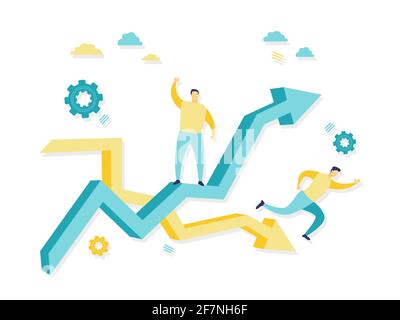 Flache Illustration eines Geschäftsmannes mit Charts von Wachstum und Rückgang. Einfache flache Abbildung mit blau und gelb. Geschäfts- und Finanzkonzepte. Stock Vektor