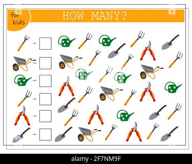 Ein Mathe-Spiel für Kinder. Zählen Sie die Anzahl der Werkzeuge. Gartengeräte, Schaufel Rechen Wagen Gießkanne, Gartenschere. Stock Vektor