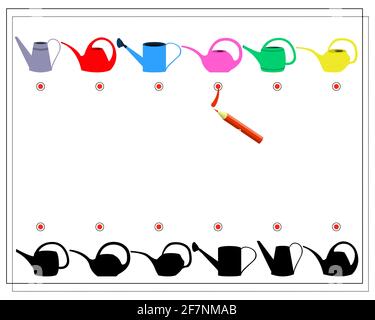 Kinder s Puzzle-Spiel finden Sie den richtigen Schatten. Finden Sie den richtigen Farbton für die Gießkannbe. Gartenernte, Gießkannte Stock Vektor
