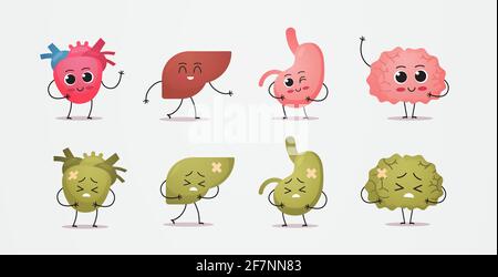 Stellen Sie gesunde und ungesunde Maskottchen Herz Leber Magen Gehirn Zeichen Krank beschädigt grünen menschlichen Körper innere Organe Anatomie Konzept horizontal Stock Vektor