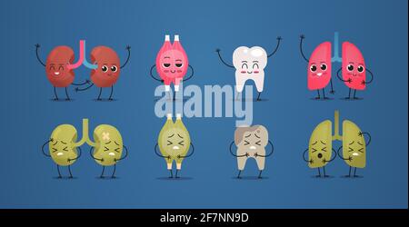 Set ungesunde vs gesunde Maskottchen Nieren Muskel Zahn Lungen Zeichen Menschlicher Körper innere Organe Anatomiekonzept horizontal Stock Vektor
