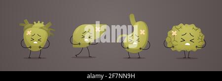 Ungesunde Maskottchen Herz Leber Magen Gehirn Zeichen krank beschädigt grün Menschlicher Körper innere Organe Anatomiekonzept horizontal Stock Vektor