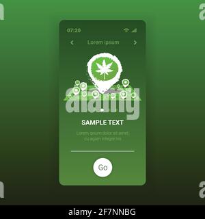 Medizinisches Cannabis oder Marihuana speichert Standort Geo-Tags auf Stadt Karte Online-Handy-App Hanf legalisieren Drogenkonsum Konzept Smartphone Bildschirmkopie Stock Vektor