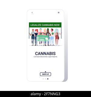 Mischrassenmenschen, die Cannabis legalisieren, protestieren jetzt gegen ein medizinisches Poster Marihuana Legalisierung Drogen Konsum Konzept Smartphone-Bildschirm mobile App Stock Vektor