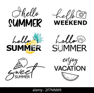 Hello Summer Hand Drawn Lettering Set. Sommer Typografie für Design T-Shirt, Becher, Grußkarte. Stock Vektor