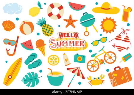 Hello Sommerkollektion Set flaches Design auf weißem Hintergrund. Sommer Symbole und Objekte bunt. Stock Vektor