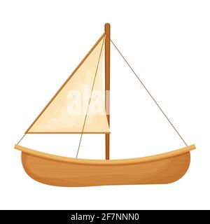 Segelboot mit Segeln im Cartoon-Stil auf isoliertem weißem Hintergrund. Segelboot und Wasserwellen. Traditionelles Inselkanu. Strukturiert und detailliert. Vektorgrafik Stock Vektor