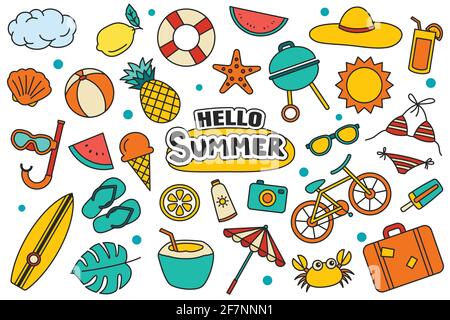Hello Sommerkollektion Set-Design auf weißem Hintergrund. Sommer Symbole und Objekte bunt. Stock Vektor
