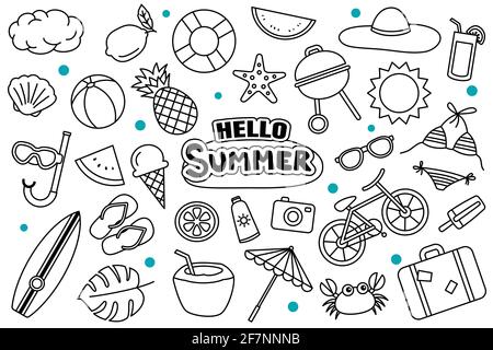 Hallo Sommer Doodle auf weißem Hintergrund. Sommer handgezeichnete Symbole und Objekte. Stock Vektor
