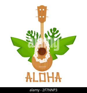 Folk akustische Gitarre Ukulele in Cartoon-Stil aus Holz mit tropischen Blumen isoliert auf weißem Hintergrund. Hawaiian traditionelles Musikinstrument, detailliertes und strukturiertes Objekt. Stock Vektor Illustration. Vektorgrafik Stock Vektor