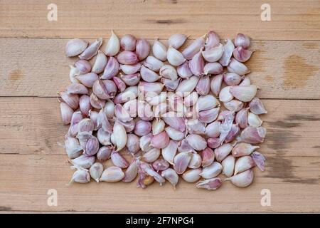 Draufsicht, Heap von frischen Knoblauchzehen mit Schale auf Holztisch Stockfoto