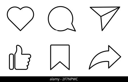 Satz von Social-Media-Symbolen. „Gefällt mir“, „Teilen“, „Kommentieren“, „Liebe“, „Neuposten“ und „Speichern“. Silhouette flache Linie Kunst Symbole Stock Vektor