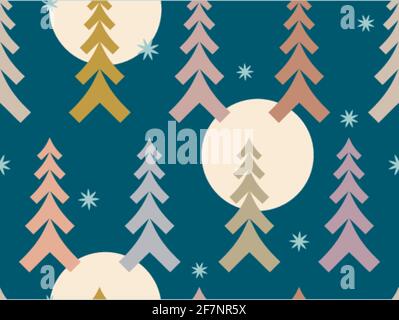 Geometrische Waldbäume mit Monden und Sternen, die aus verschiedenen V-Formen-Größen für bedruckte Papiere, digitale Designs, Einrichtungsgegenstände entworfen wurden. Stock Vektor